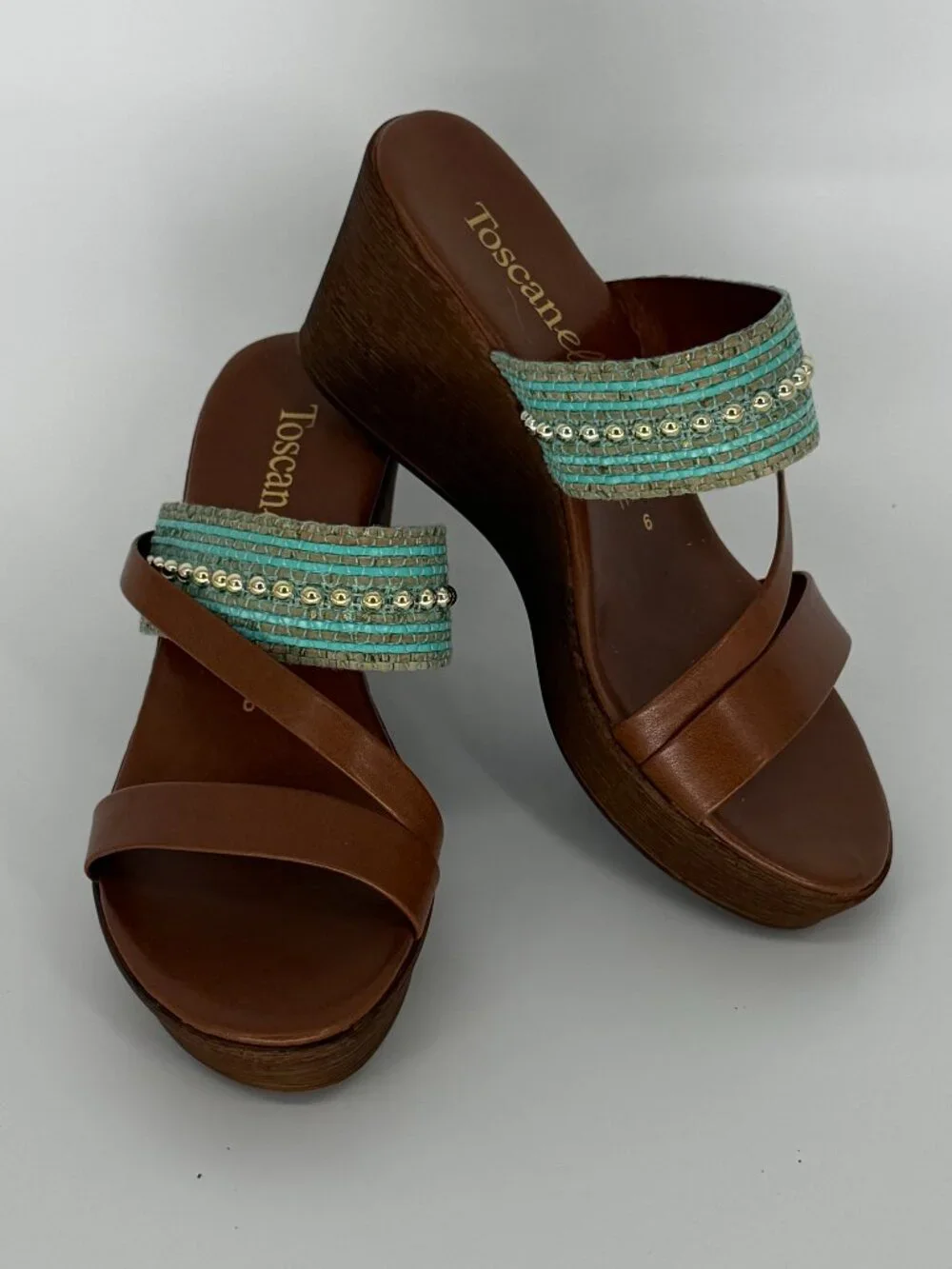 Toscanella Italian Leather Wedge Sandals - Teal Beaded Detail - Size 6 - Picture 1 of 6